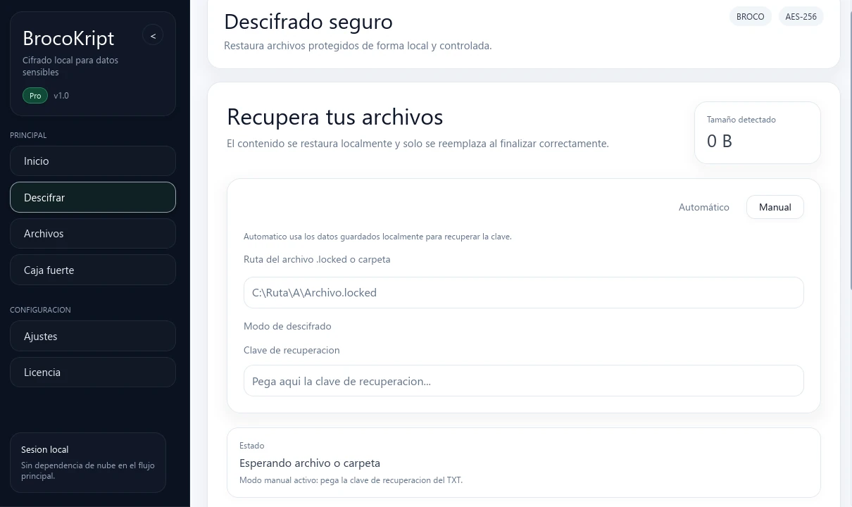 Pantalla real de BrocoKript para recuperar y descifrar archivos