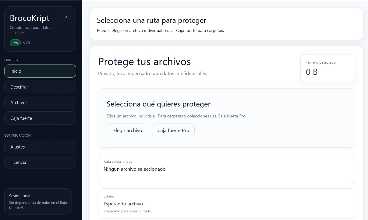 Pantalla real de BrocoKript para seleccionar y proteger archivos